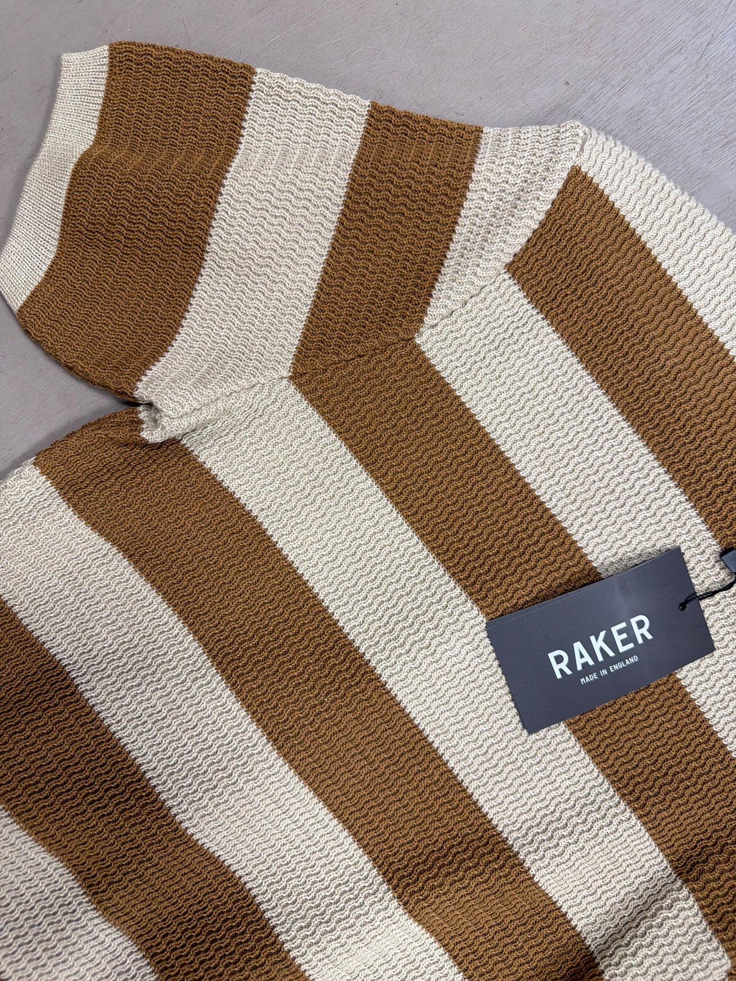  RAKER Cooper T-Shirt is crafted from a breathable British cotton blend, brown and white stripes. Worldwide delivery, Fulmine Yarm, Quality Clothing