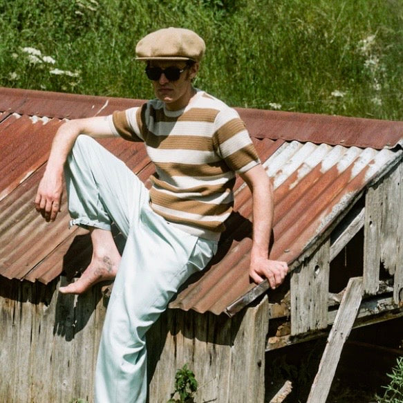  RAKER Cooper T-Shirt is crafted from a breathable British cotton blend, Brown and White stripes. Worldwide delivery, Fulmine Yarm, Quality Clothing